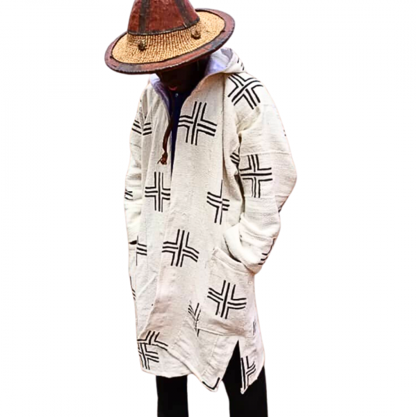 este / Gilet à capuche long en bogolan blanc Unisexe