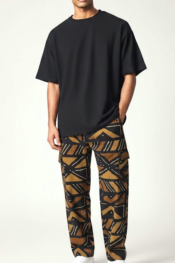 Pantalon cargo fait-main en bogolan marron et noir, taille unique, modele mixte